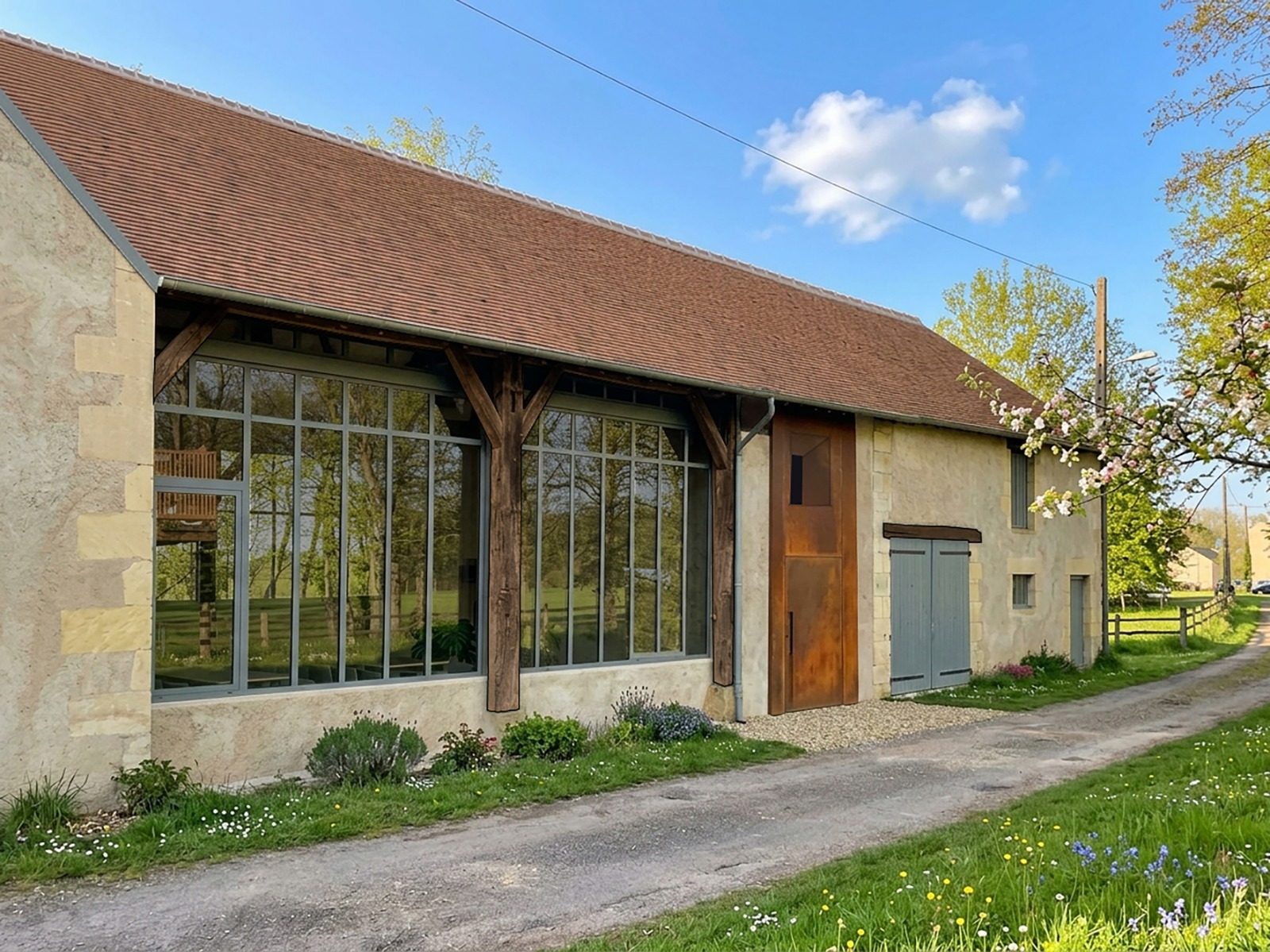 La grange restaurée et sa verrière, depuis le chemin